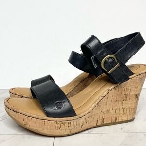 Born Cork Wedge Black Leather Sandal 8M